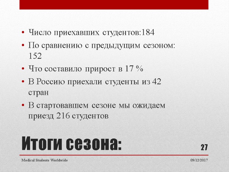 Итоги сезона: Число приехавших студентов:184 По сравнению с предыдущим сезоном: 152 Что составило прирост Итоги сезона: Число приехавших студентов:184 По сравнению с предыдущим сезоном: 152 Что составило прирост